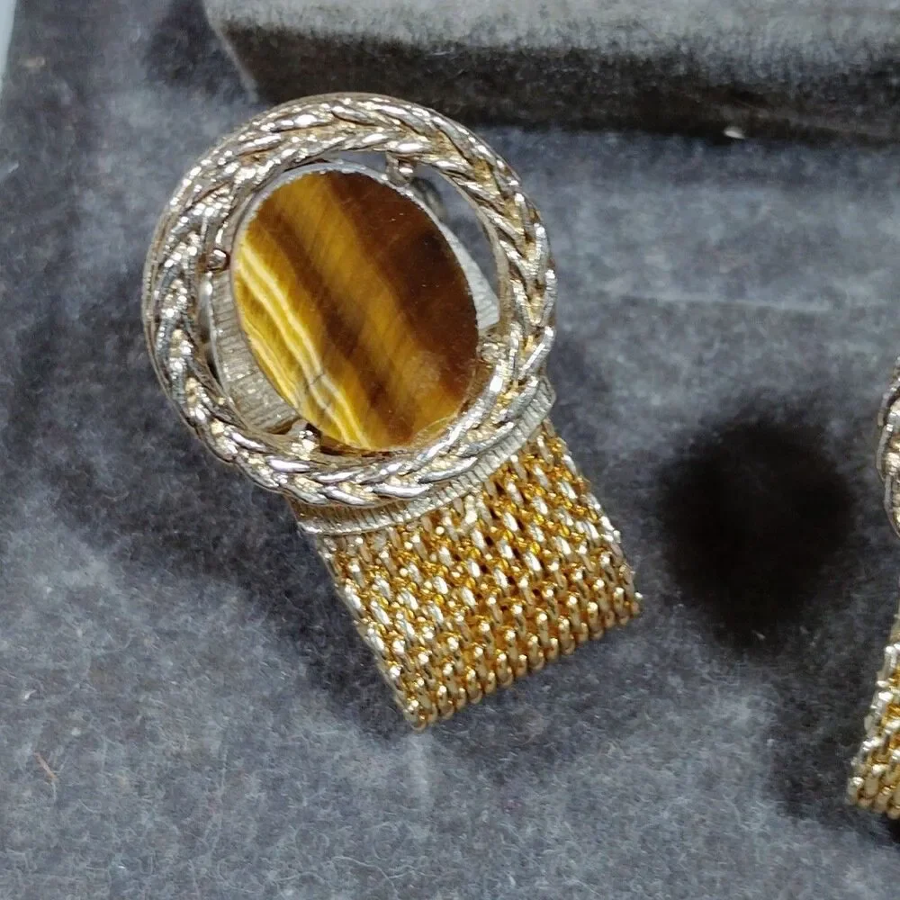 Vintage Swank Mesh Wrap Cuff Links Gold Tone Amber Box